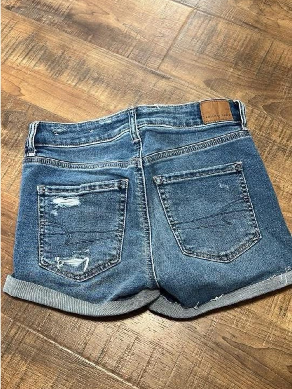 American Eagle Outfitters Women's Blue Distressed Roll-Cuff Denim Shorts